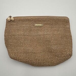 Kopari Straw Makeup Bag Tan Woven Raffia Cosmetic Pouch Cowrie Shell Zipper 10x7
